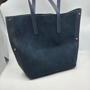 Blue suede and faux leather tote bag